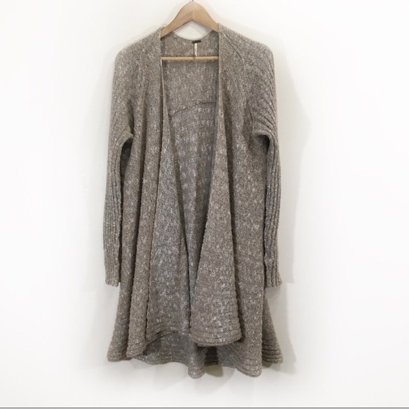 Free People Wool Open Long Knit Cardigan Beige